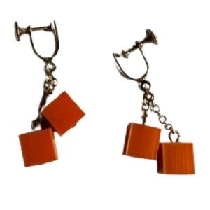 MCM Lucite Plastic Screw Back Orange Cube Gold Tone Dangle Earrings 1960s